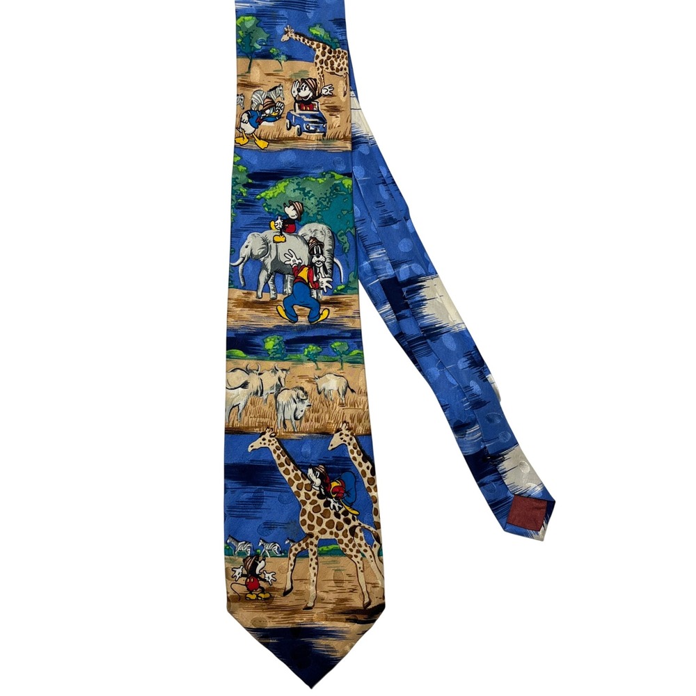 Disney Mickey Mouse 100% Silk Tie Jungle Adventure Safari Theme Goofy Giraffe